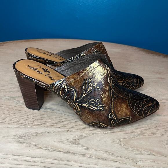 Patricia Nash Ruffina Leather Embossed Block Heel Mules Chocolate Brown Size 8.5 - Picture 2 of 11
